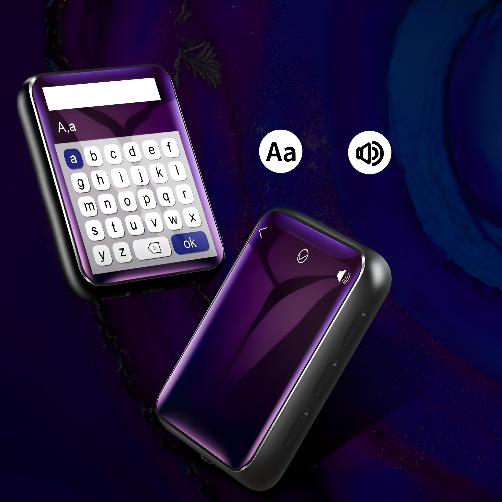 Zwei schwarz-violette Geräte mit Bildschirmen, eines mit Tastatur, das andere mit Audiosymbol.
