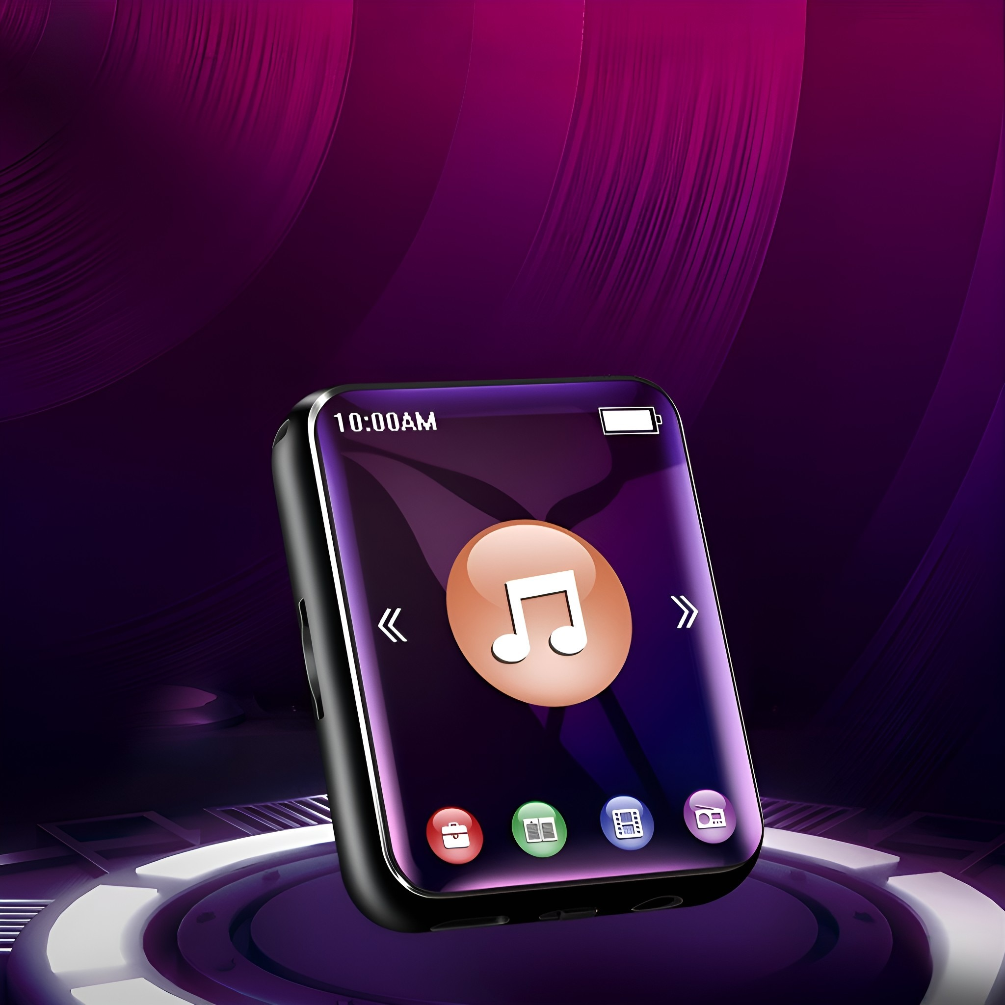 Ein schwarzer MP3-Player mit Bildschirm, der die Uhrzeit und ein Noten-Symbol anzeigt, vor lila Hintergrund.