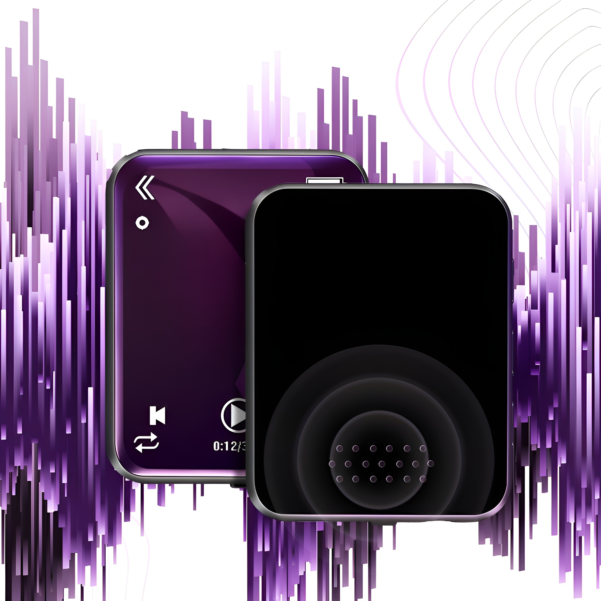 Zwei schwarze und lila Musikplayer auf einem lila Schallwellenhintergrund.