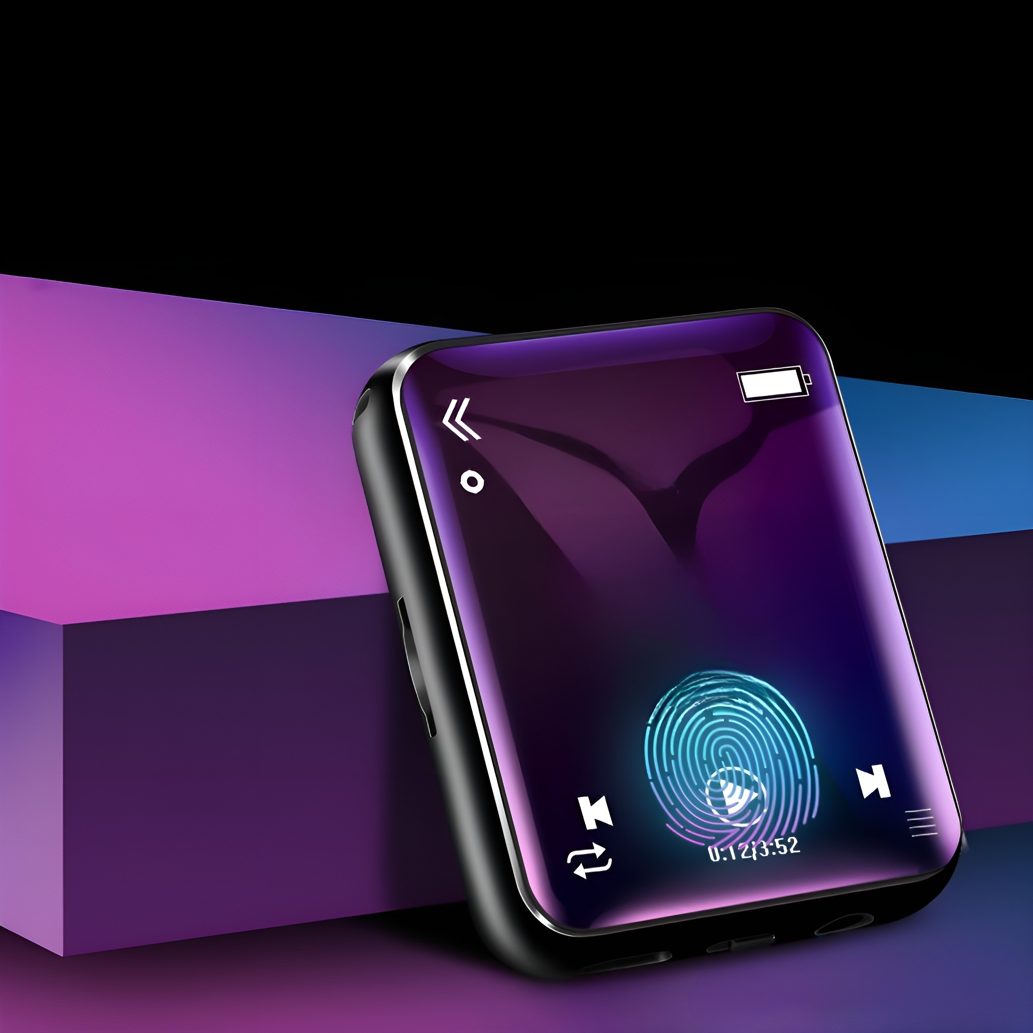 Schwarzer und lila Musik-Player mit Touchscreen, der einen Fingerabdruck und Wiedergabesteuerung zeigt, auf einem Gradienten-Hintergrund.