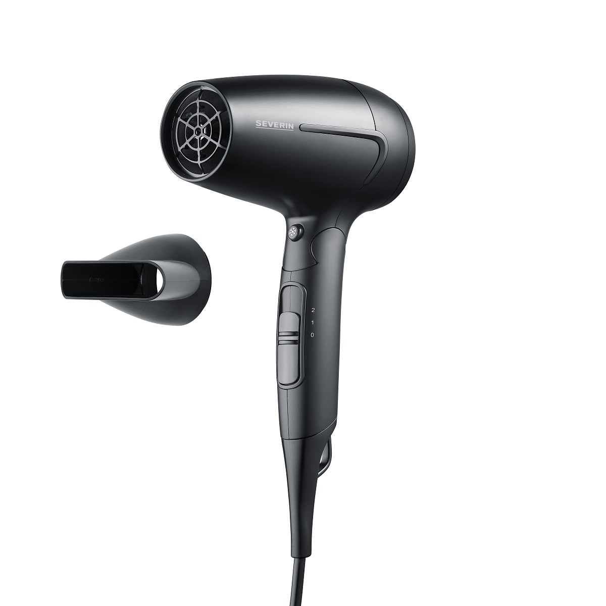 Czarna suszarka do włosów z nasadką. Posiada ustawienia 0, 1 i 2 na uchwycie.