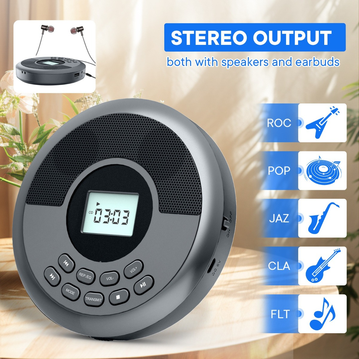 Grauer CD-Player mit Bildschirm und Knöpfen, Genre-Icons rechts.