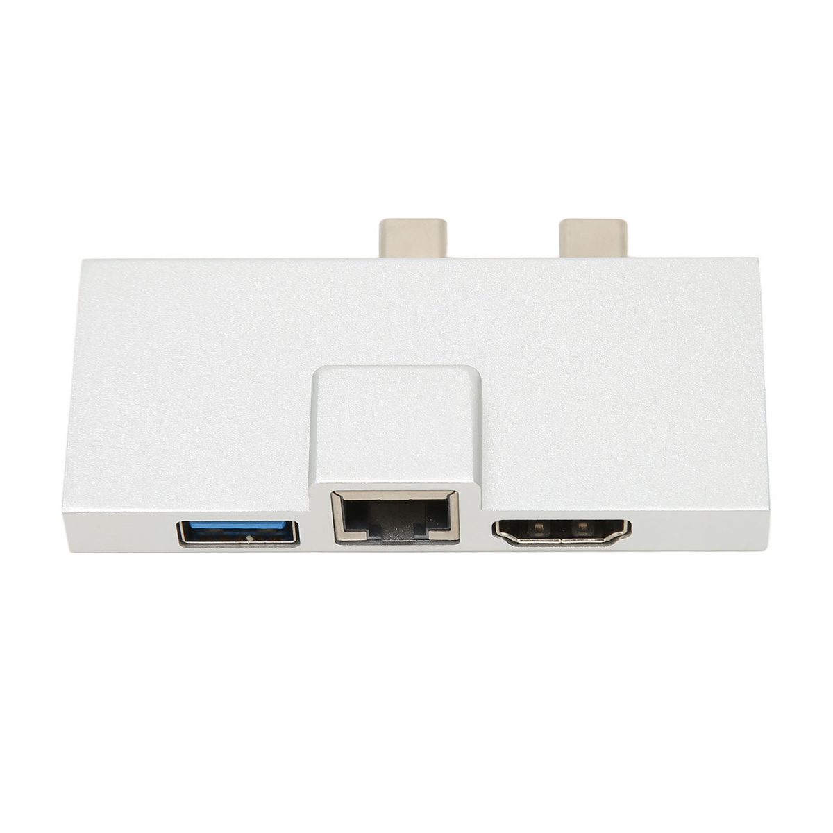Silberner Multiport-Adapter mit USB-, Ethernet-, HDMI- und USB-C-Anschlüssen.
