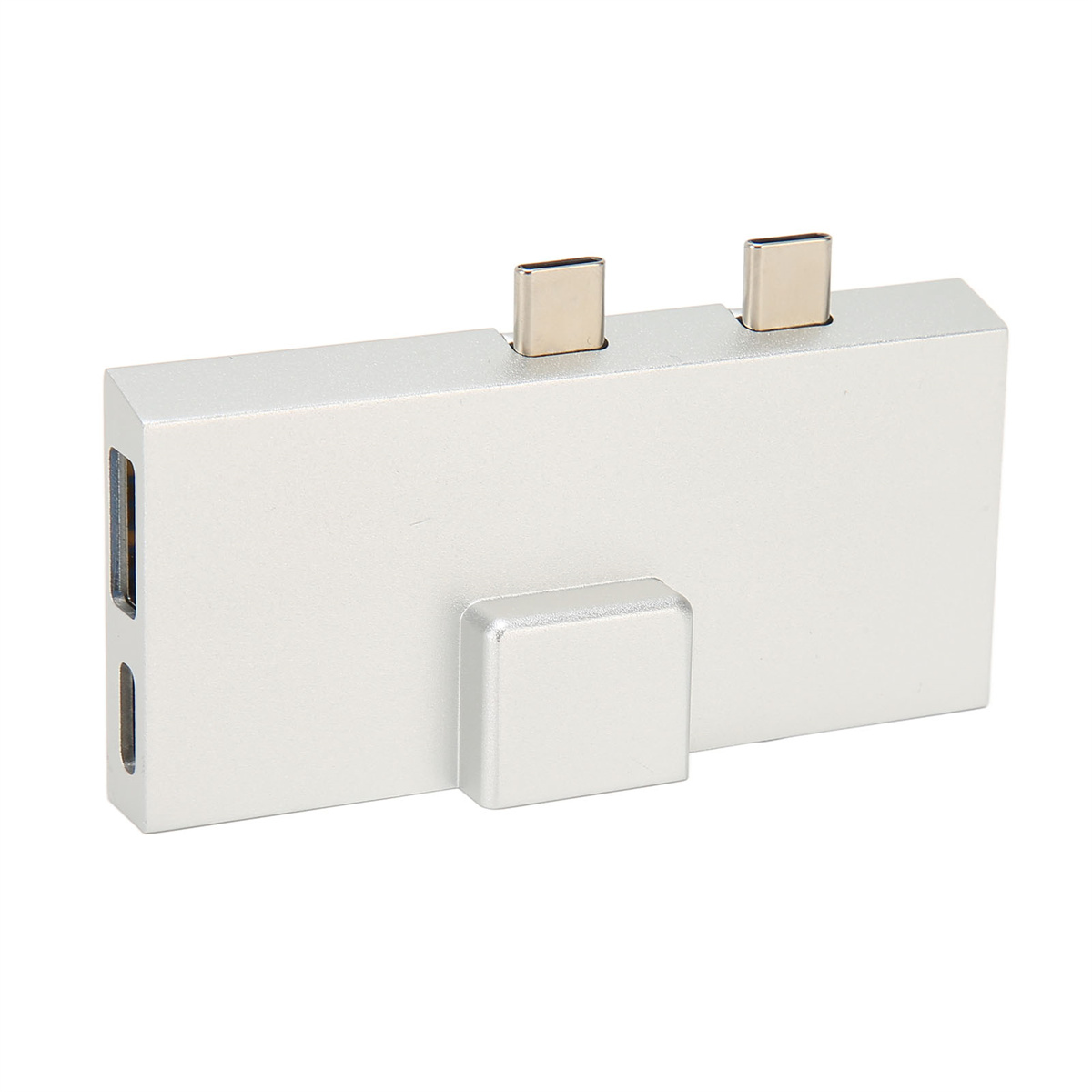 Silberner USB-C-Hub mit USB- und zwei USB-C-Anschlüssen, kleines rechteckiges Design.