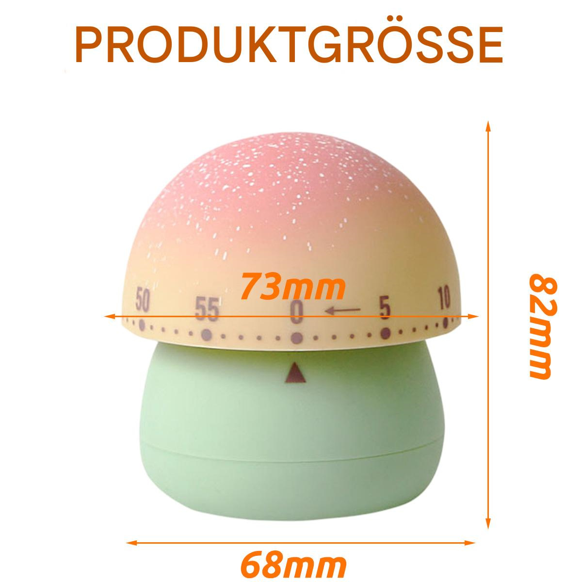 Rosa-grüner Küchentimer, Maße in mm. Pilzförmig.