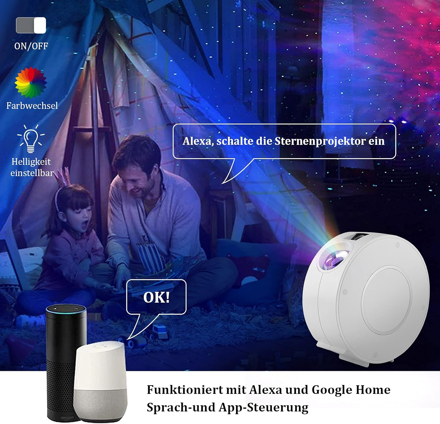 Mann und Mädchen in einem Zelt mit Sternenprojektor. Text: Funktioniert mit Alexa und Google Home. Sprach-und App-Steuerung.