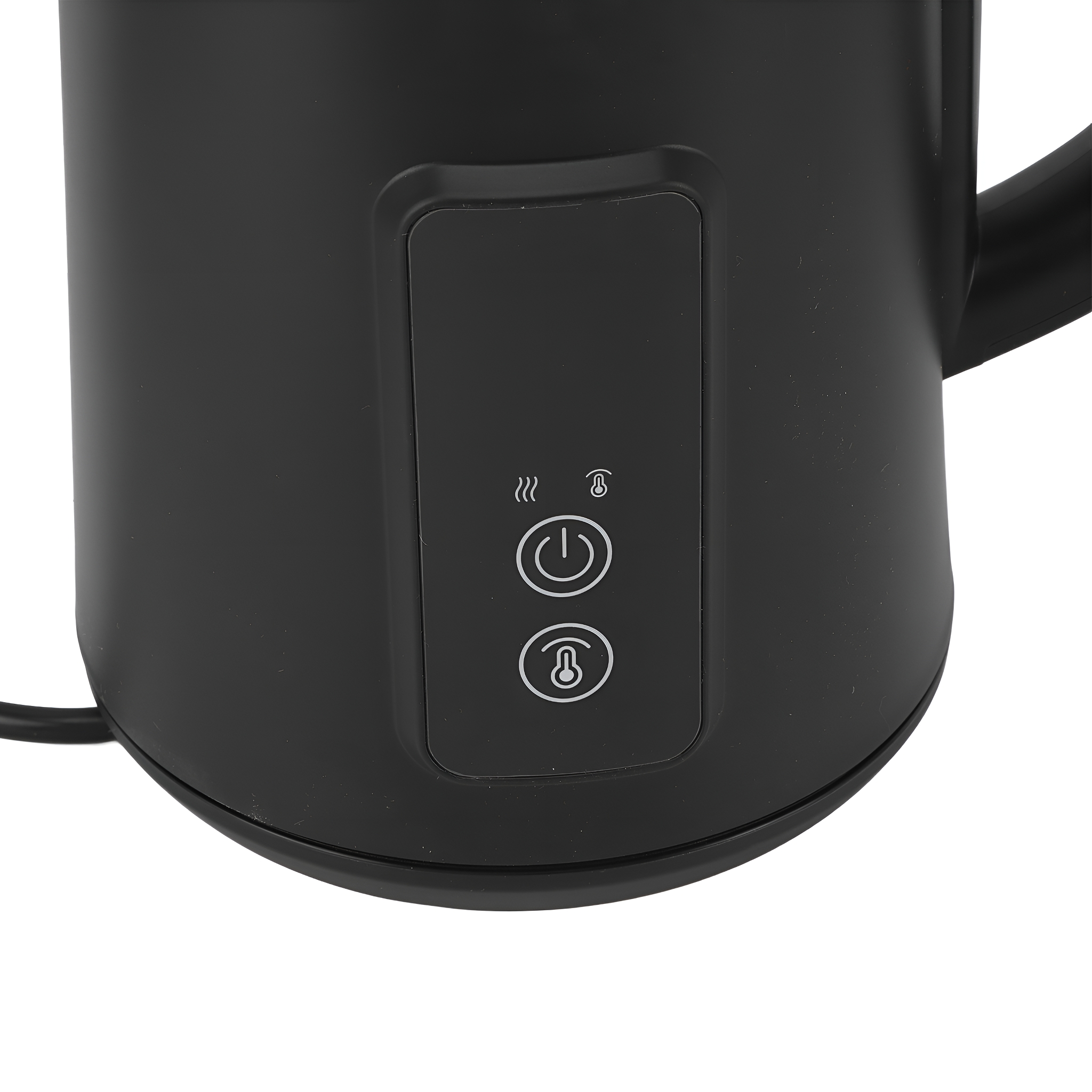 Ein schwarzer Wasserkocher mit Bedienknöpfen, der Einschaltknopf leuchtet.