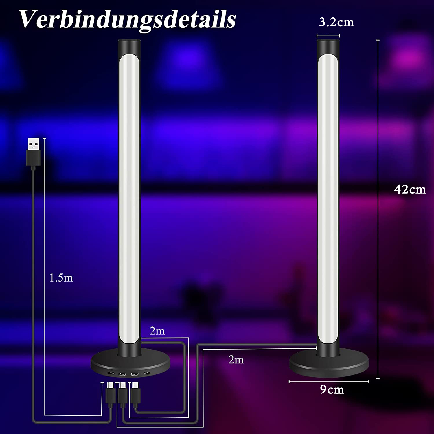 Zwei LED-Lichtleisten mit USB-Kabel. Abmessungen und Anschlussdetails sind gezeigt.