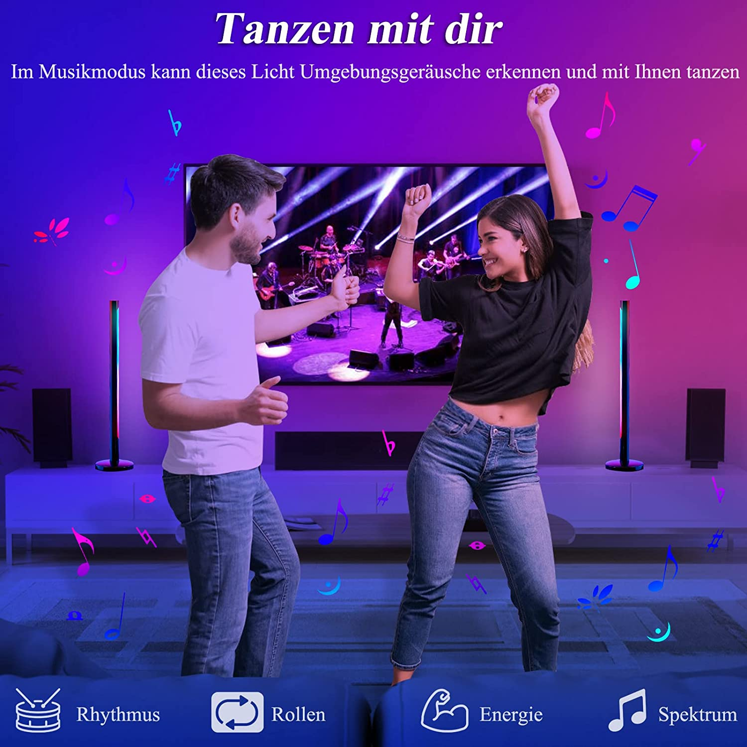 Zwei Personen tanzen in einem Raum mit bunten Lichtleisten und einem Fernseher mit Band.