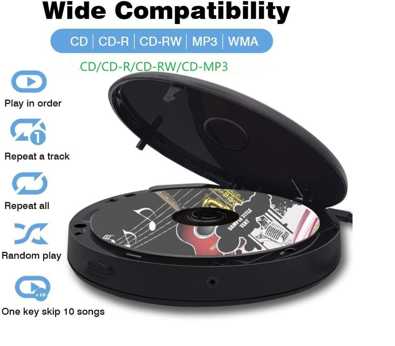 Ein schwarzer CD-Player mit offenem CD-Fach. Text auf dem Gerät beschreibt seine Funktionen.