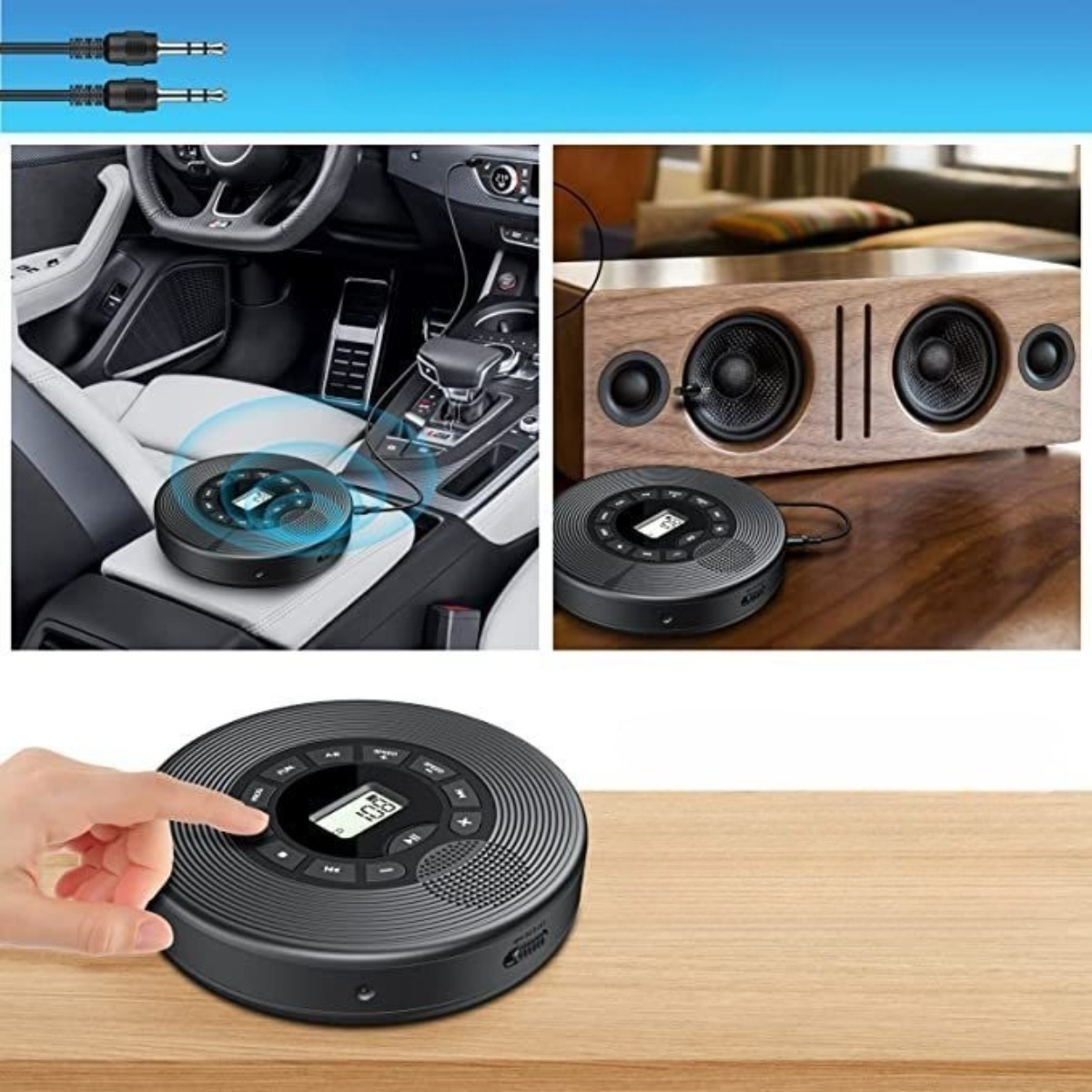 Tragbarer CD-Player mit Auto- und Holz-Lautsprecher-Setup. Person drückt Taste auf dem Player.