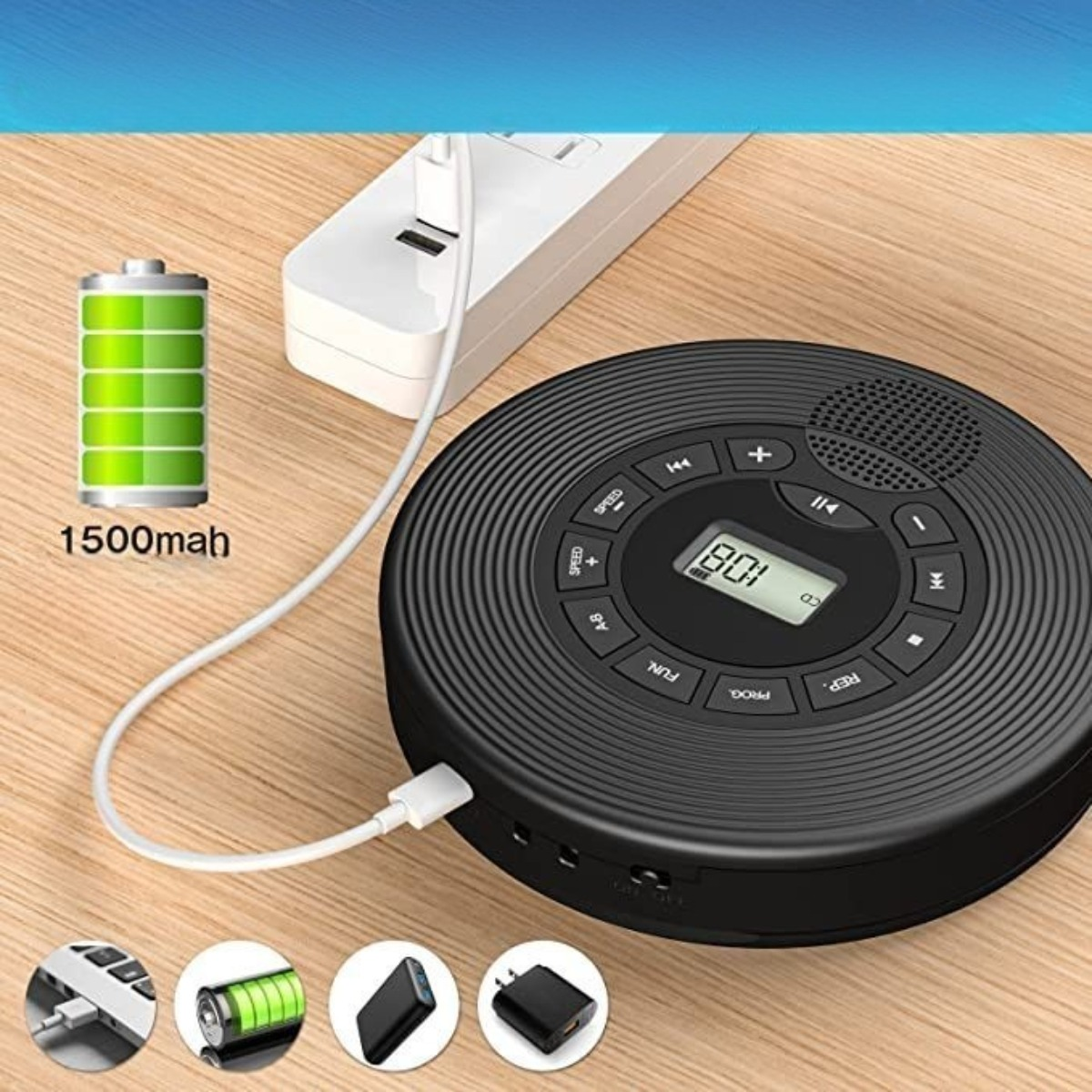 Schwarze White-Noise-Maschine, lädt, mit Batteriestandsanzeige. Symbole für USB, Laden und Strom.