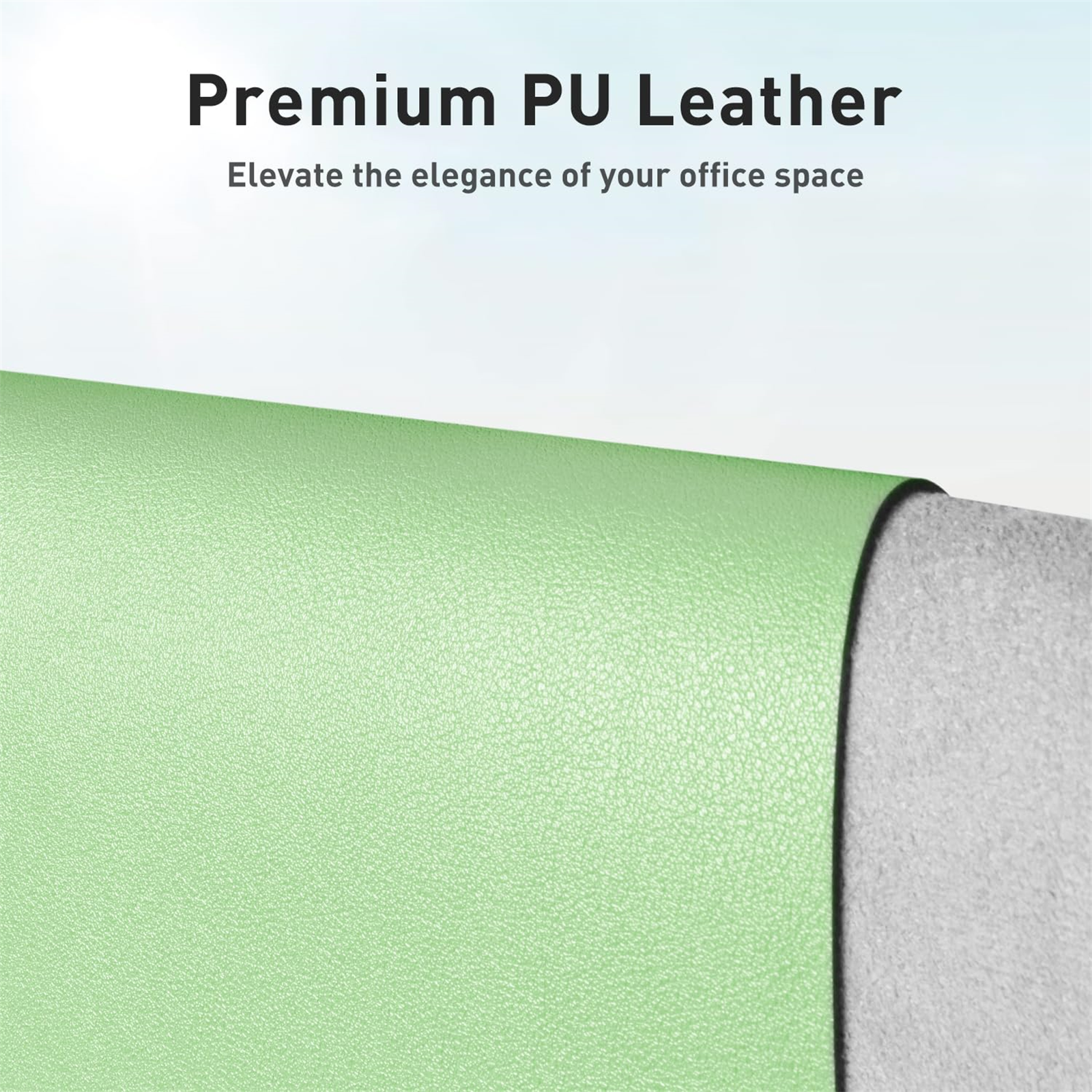 Grünes PU-Leder. Text lautet 'Premium PU-Leder' und 'Erhöhen Sie die Eleganz Ihres Büroraums'.