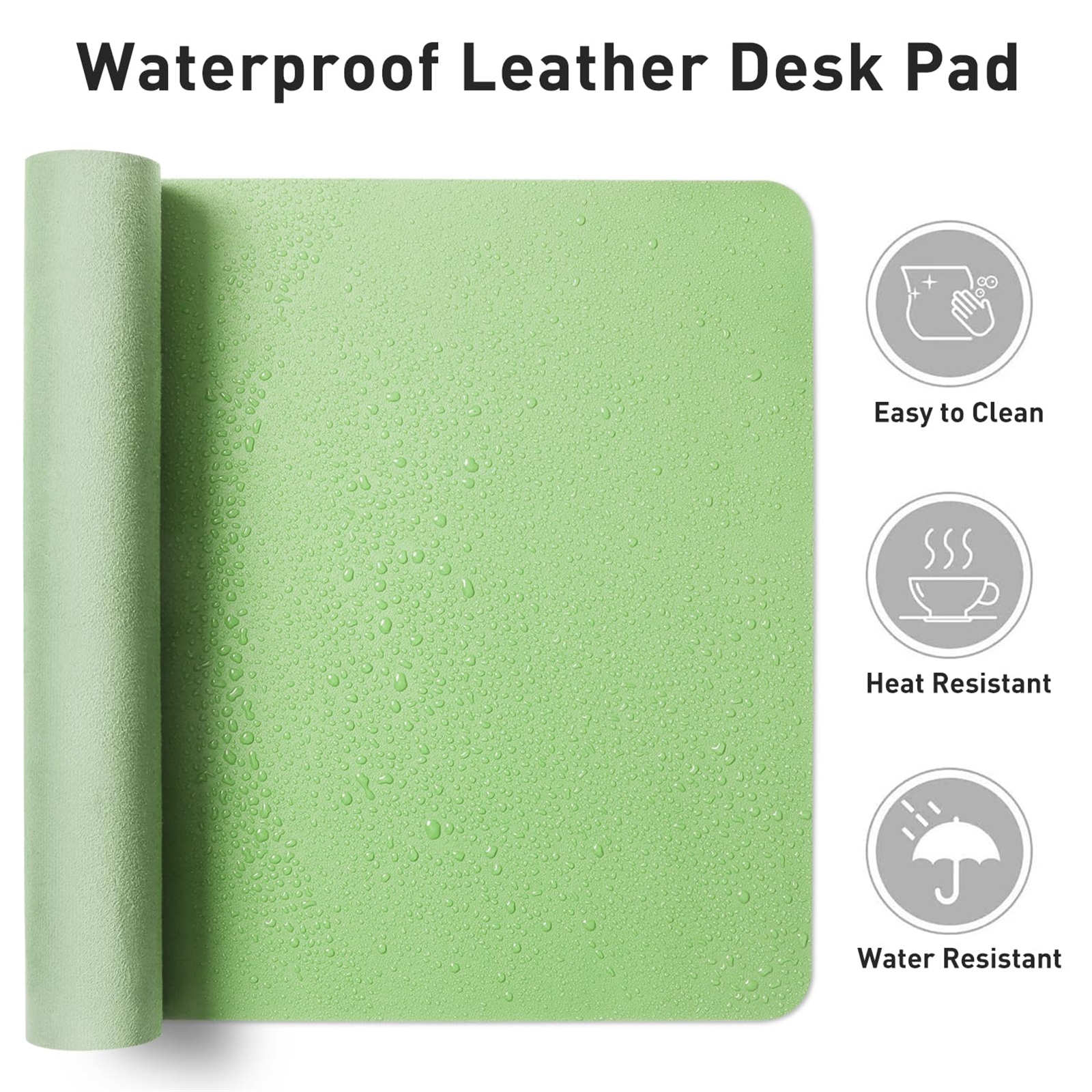 Grünes, wasserdichtes Leder-Schreibtischpad mit aufgerollter Seite. Icons: leicht zu reinigen, hitzebeständig.