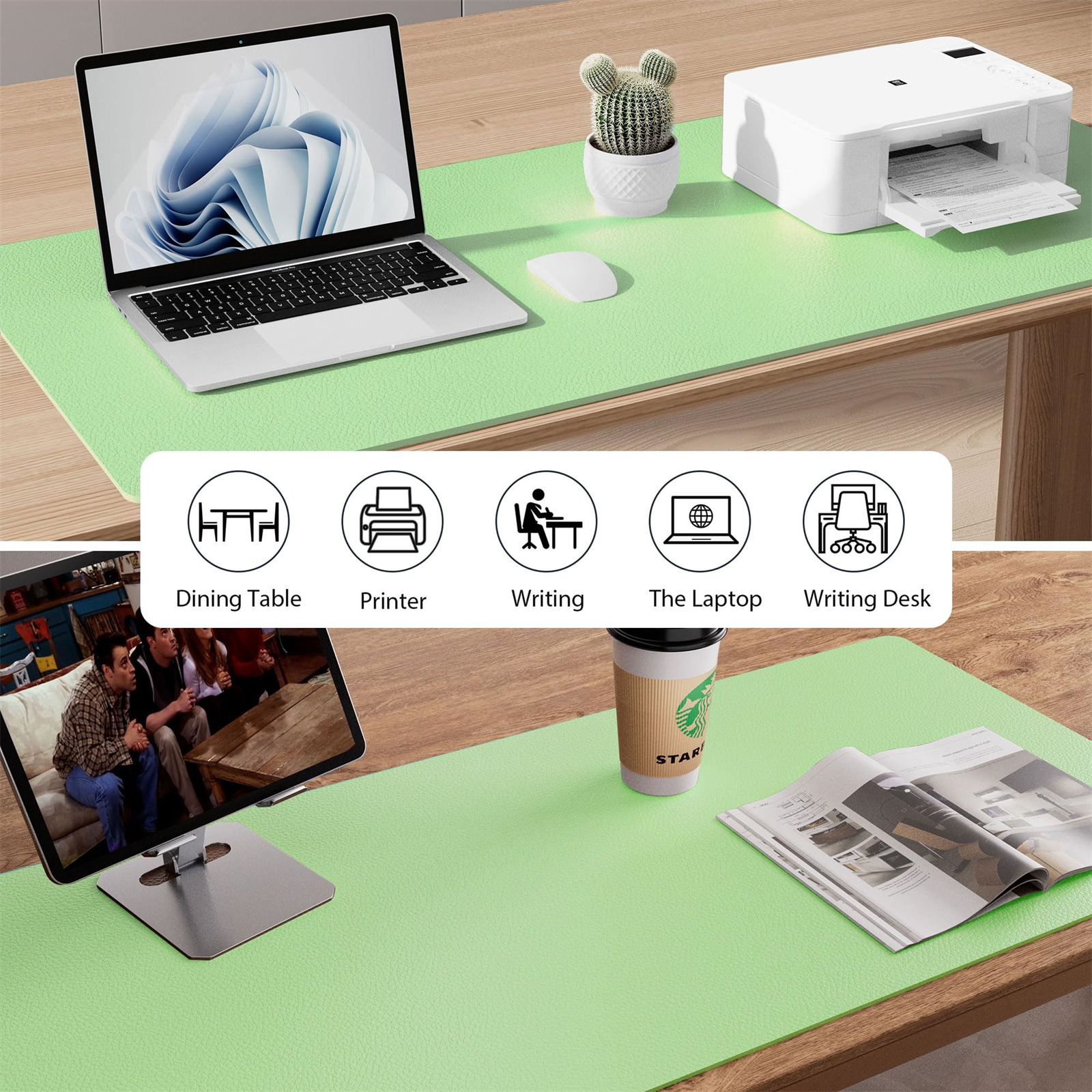 Zwei Szenen: eine mit Laptop, Drucker und Kaktus auf einer grünen Schreibtischunterlage; eine andere mit Tablet.