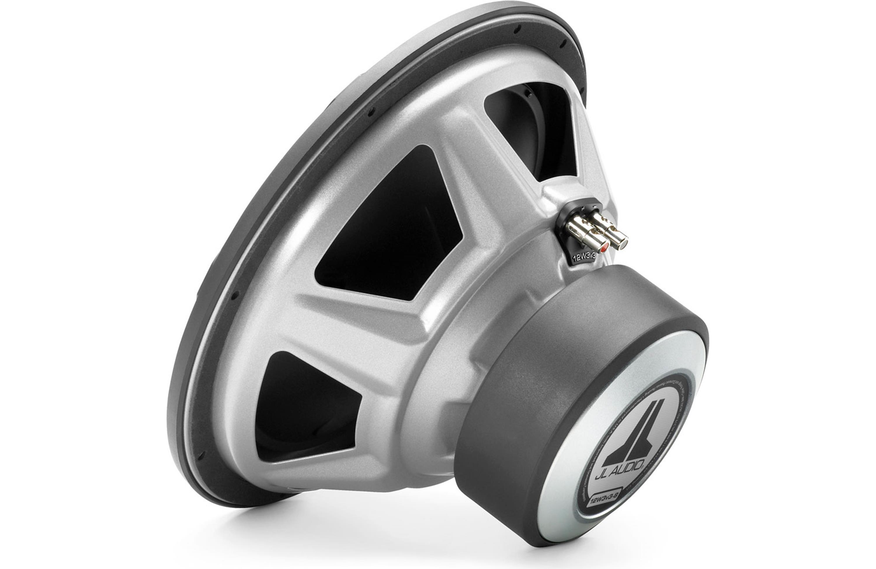 Silberner JL Audio Subwoofer, schräge Ansicht, mit schwarzem Rahmen und prominentem Logo.