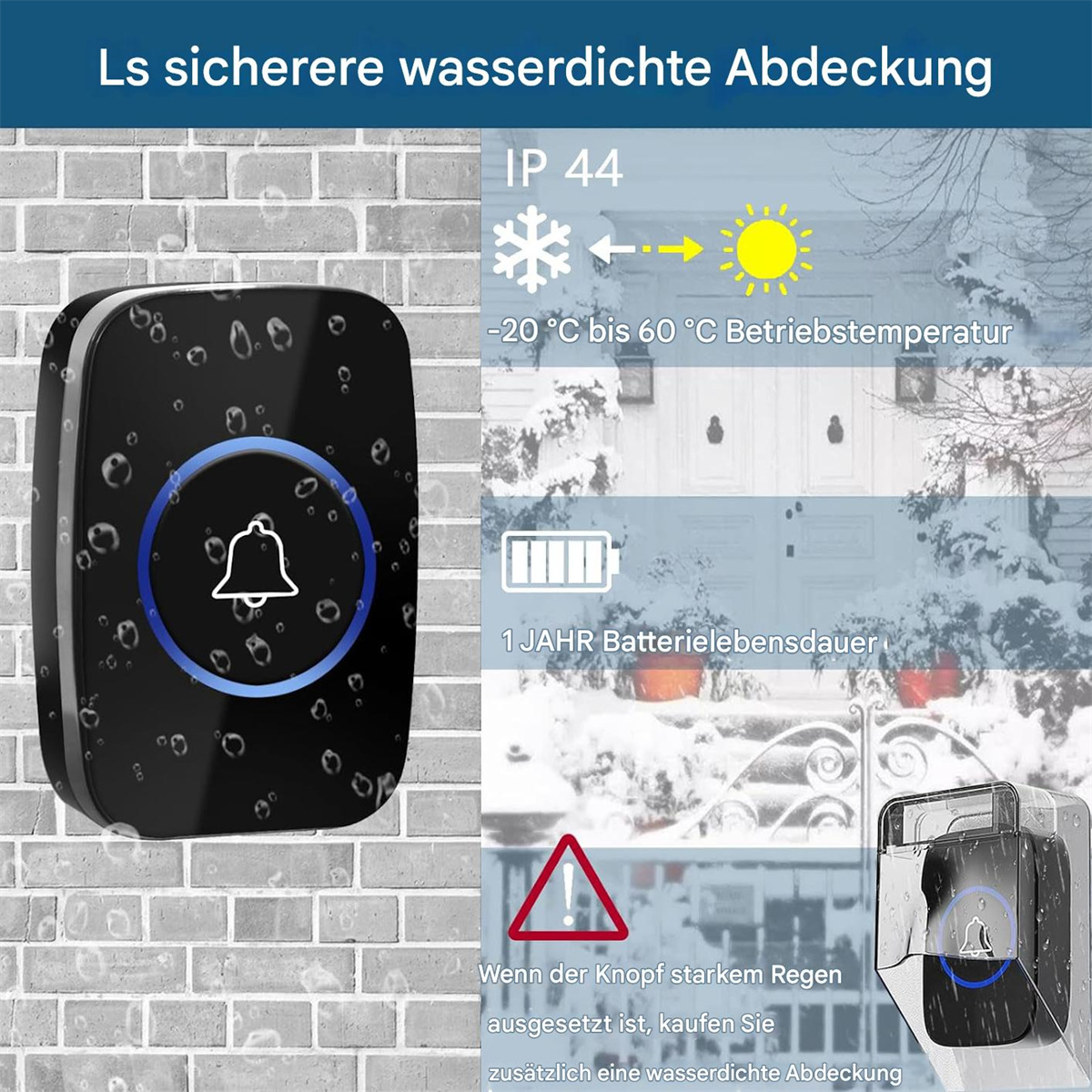 Eine schwarze Türklingel mit Wassertropfen und einer Infografik zu ihren Funktionen: IP44, Temperatur und Akkulaufzeit.