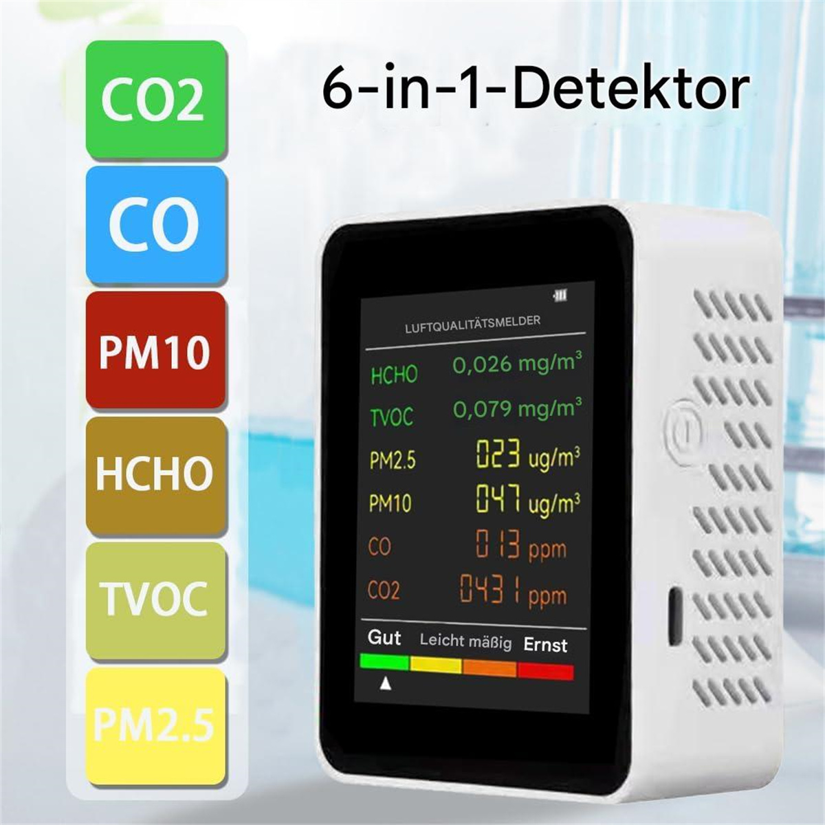 Luftqualitätsdetektor mit Messwerten für CO2, CO, PM10, HCHO, TVOC, PM2,5. Hat eine farbcodierte Statusleiste.