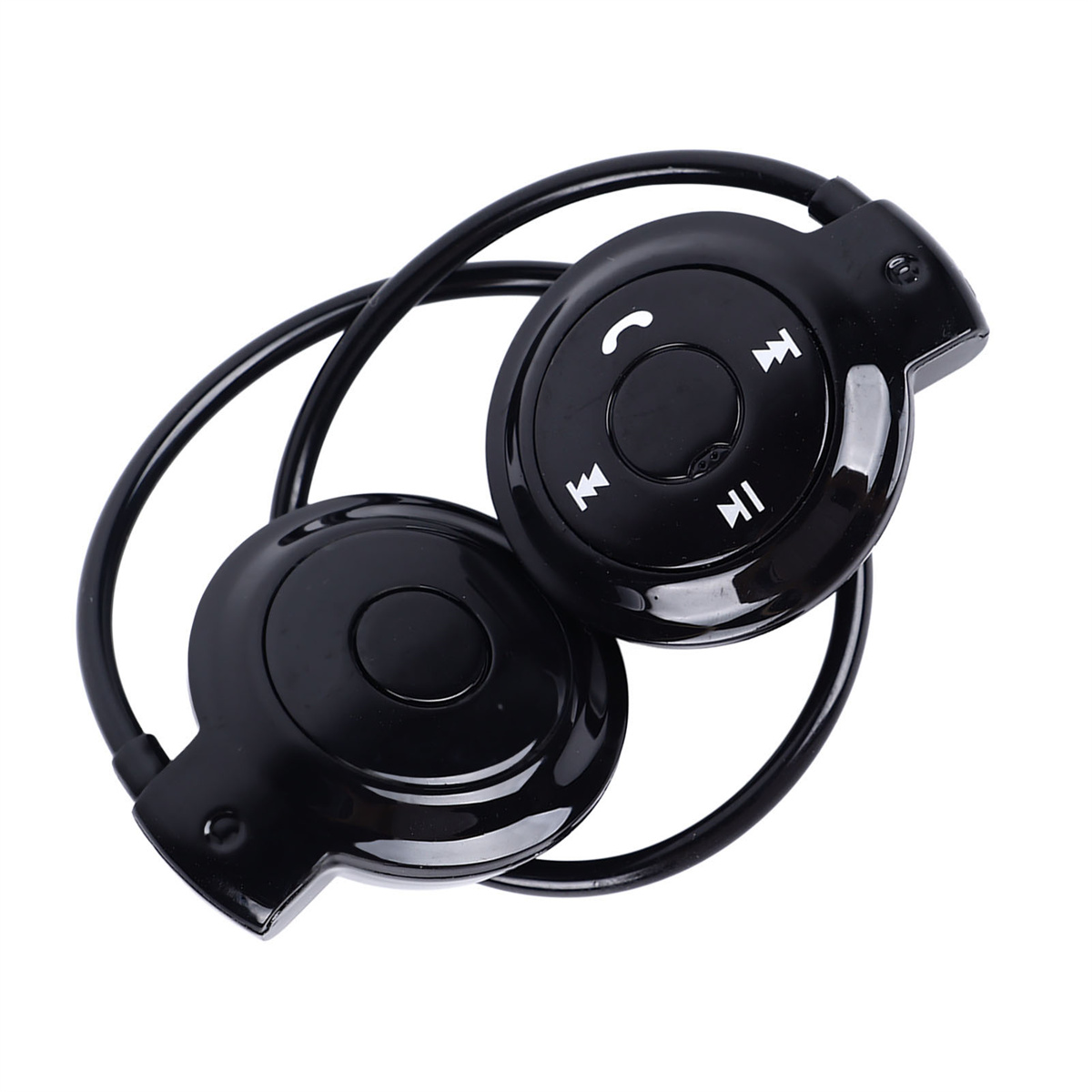 Schwarze Bluetooth-Kopfhörer. Bedienelemente umfassen eine Telefontaste, vorwärts und rückwärts.