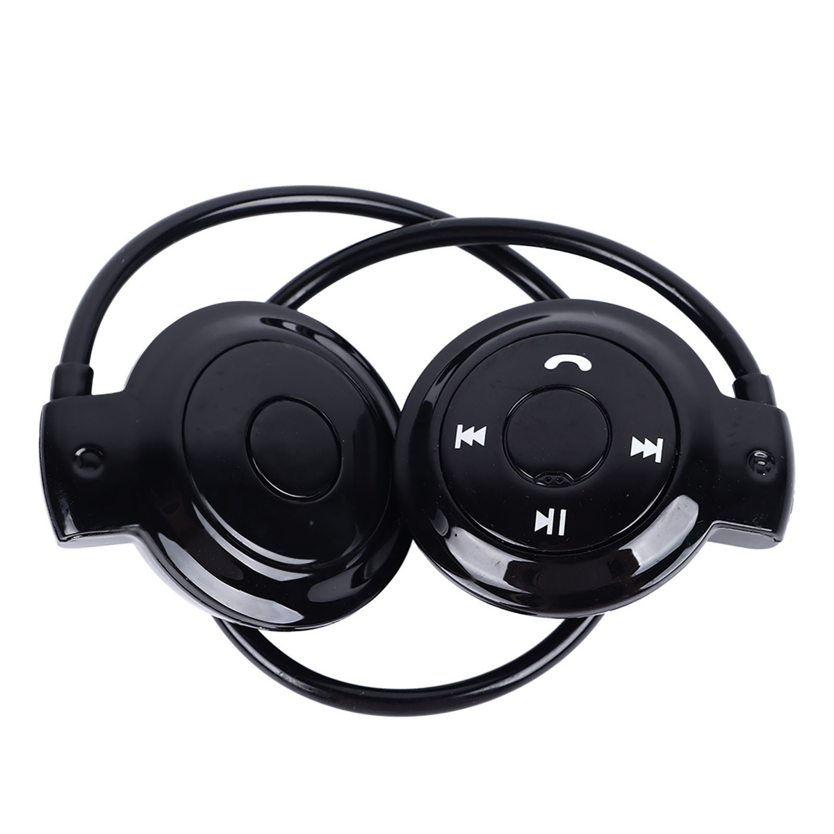 Schwarzes Bluetooth-Headset mit Bedienelementen für Musik und Anrufe.