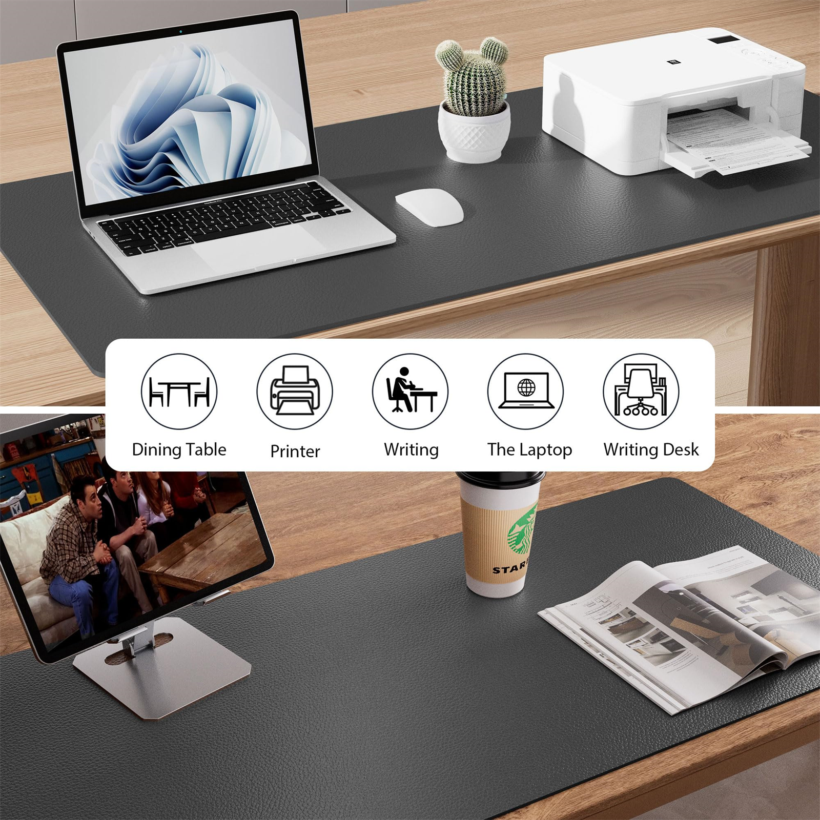 Ein Schreibtisch mit Laptop, Drucker, Kaffeetasse und Zeitschrift. Symbole zeigen die Schreibtischverwendung.