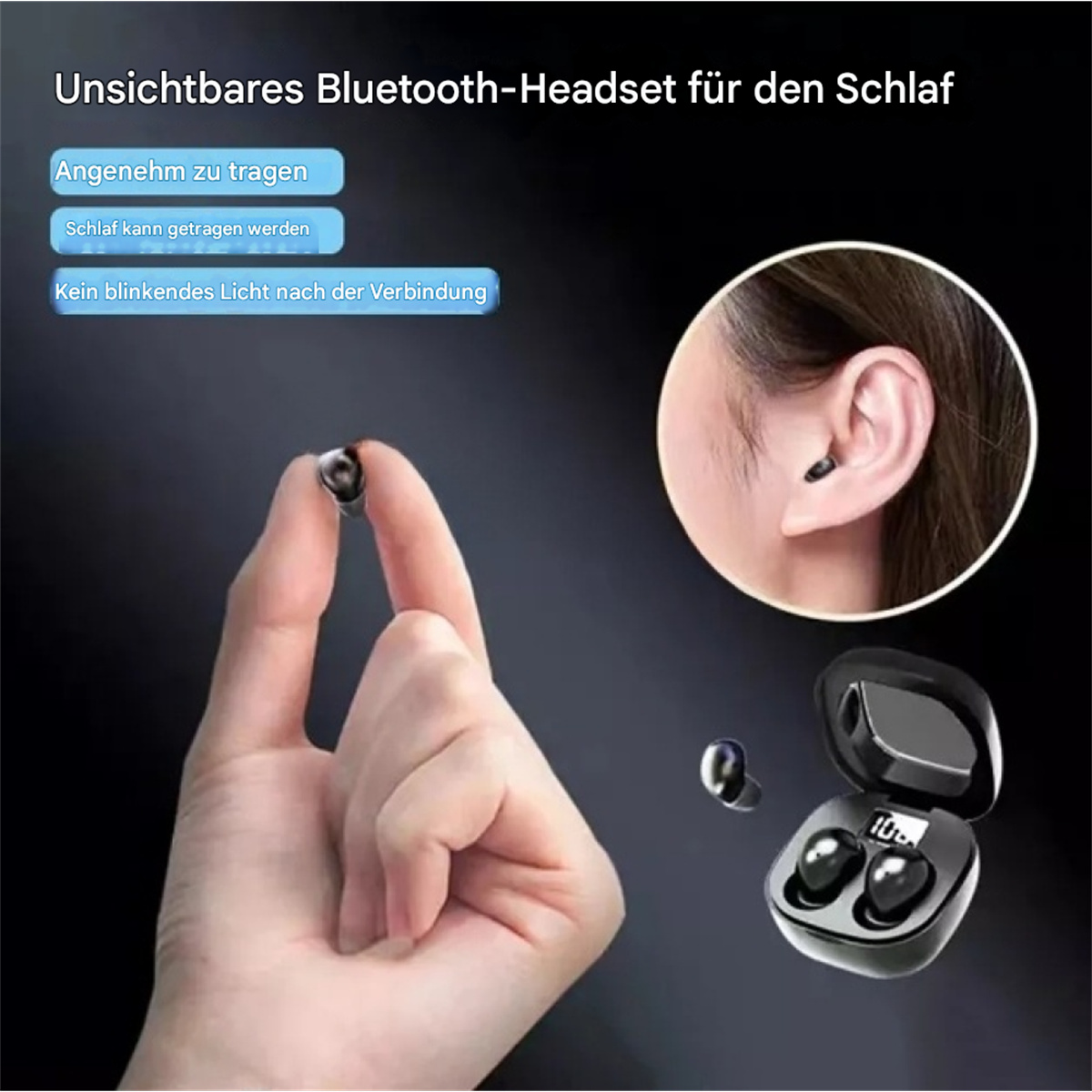 Eine Person hält einen kleinen schwarzen Ohrhörer und ein Ladecase. Der Ohrhörer ist im Ohr.