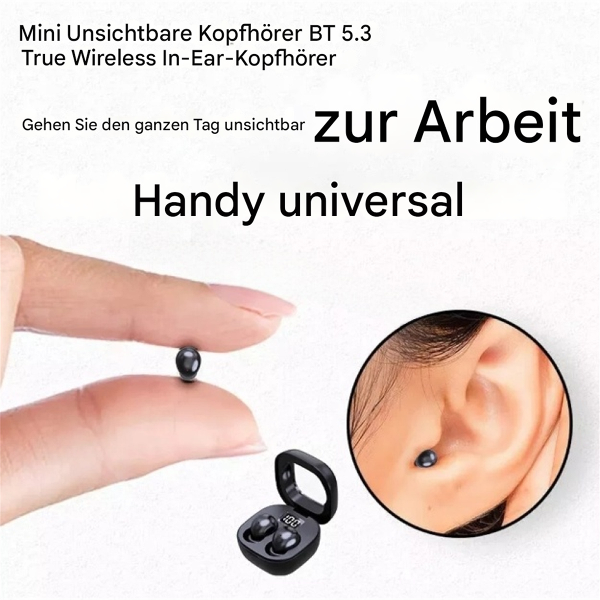 Ohrhörer in einem Ladecase, mit einem Finger und einem Ohr, die zeigen, wie man sie trägt.