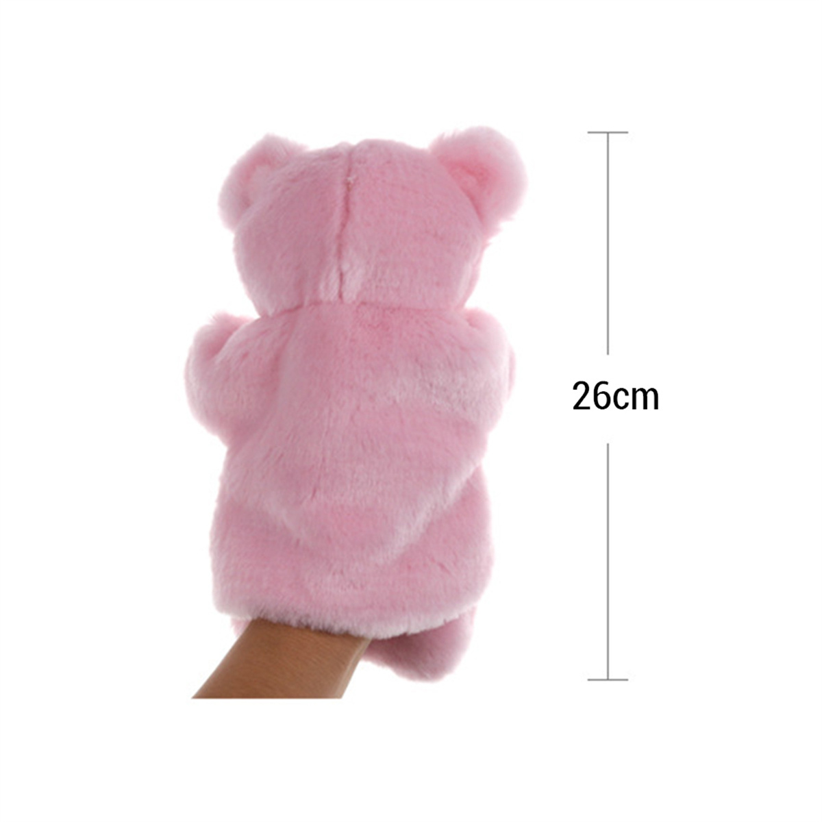 Rosa Teddybär-Handpuppe, gehalten von einer Hand. Die Puppe ist 26 cm groß.