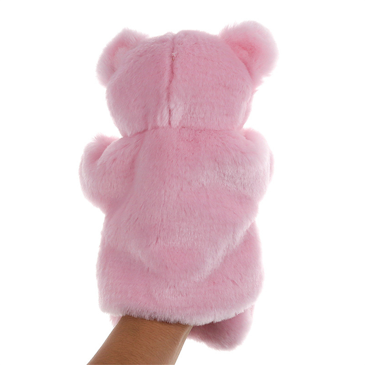 Rosa Teddybär-Handpuppe, von hinten gesehen, von einer Hand gehalten.