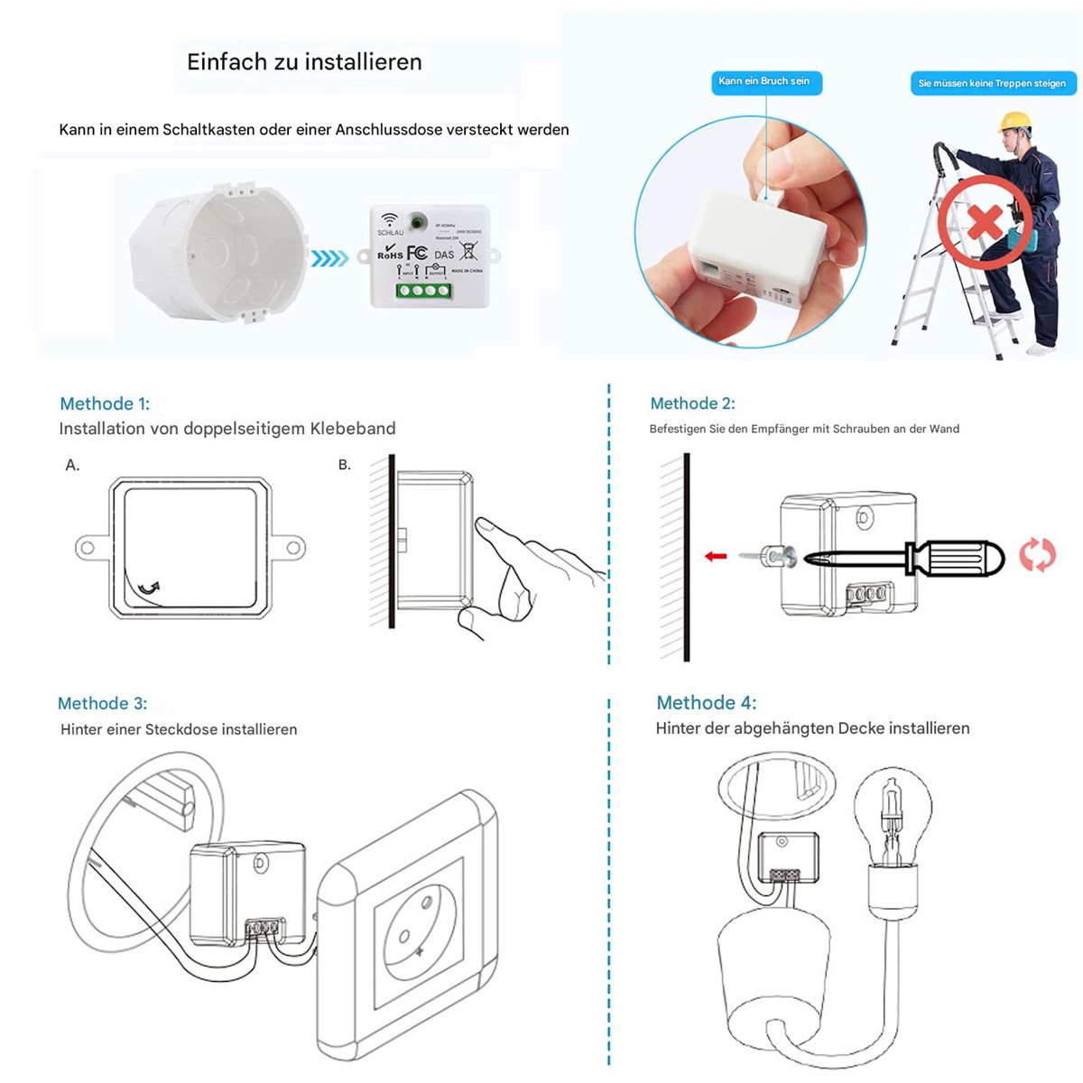 Diagramme, die die Installation von Smart-Home-Geräten zeigen, einschließlich Schritte für verschiedene Setups.