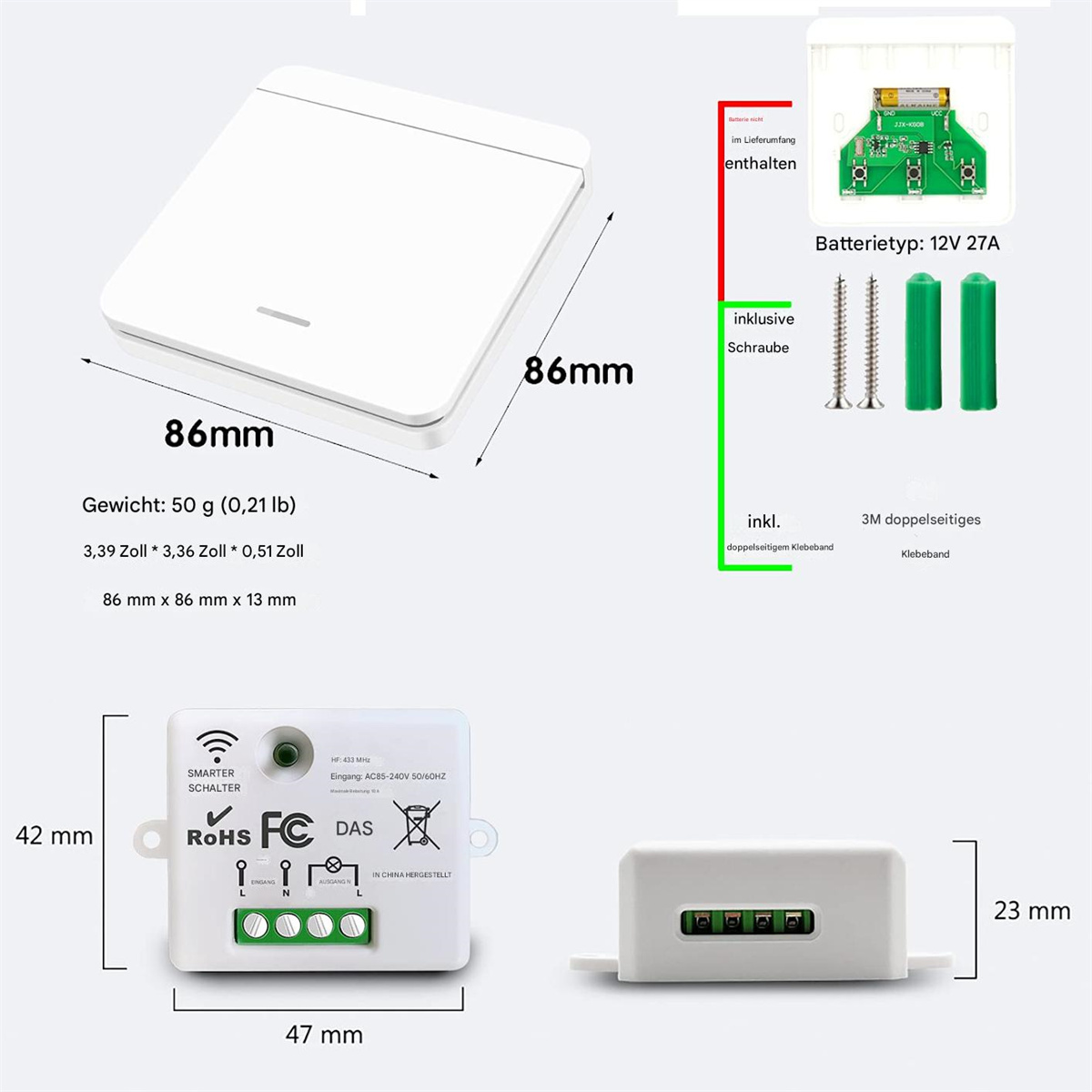 Diagramm eines Smart Switches mit Maßen und Komponenten. Inklusive Schrauben und Klebeband.
