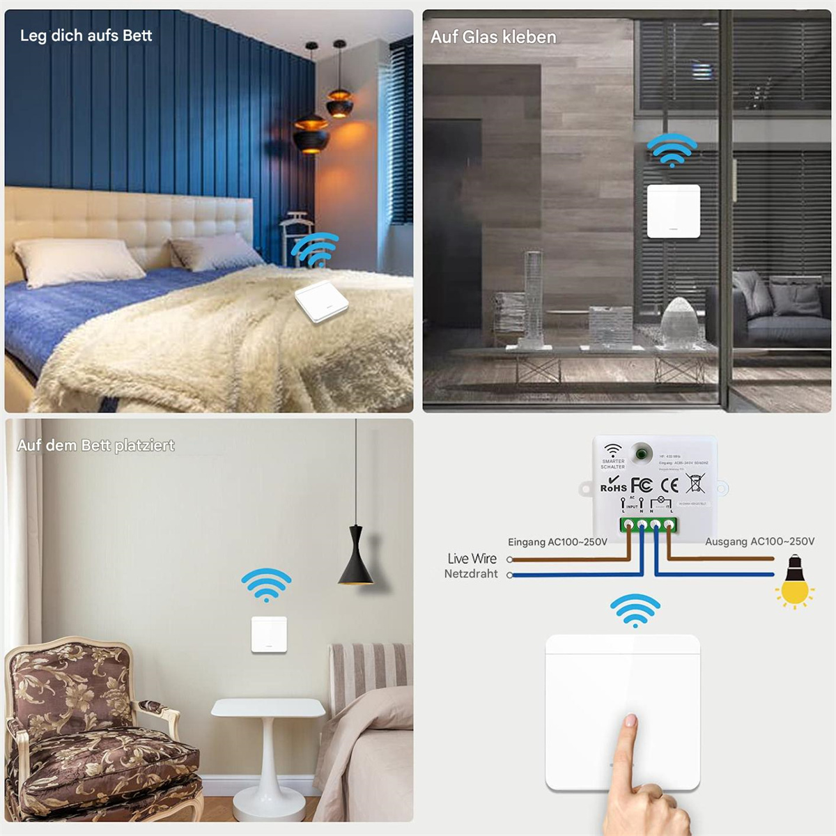 Eine Collage mit Smart-Home-Geräten, darunter ein Nachttischschalter sowie Wand- und Elektrokomponenten.