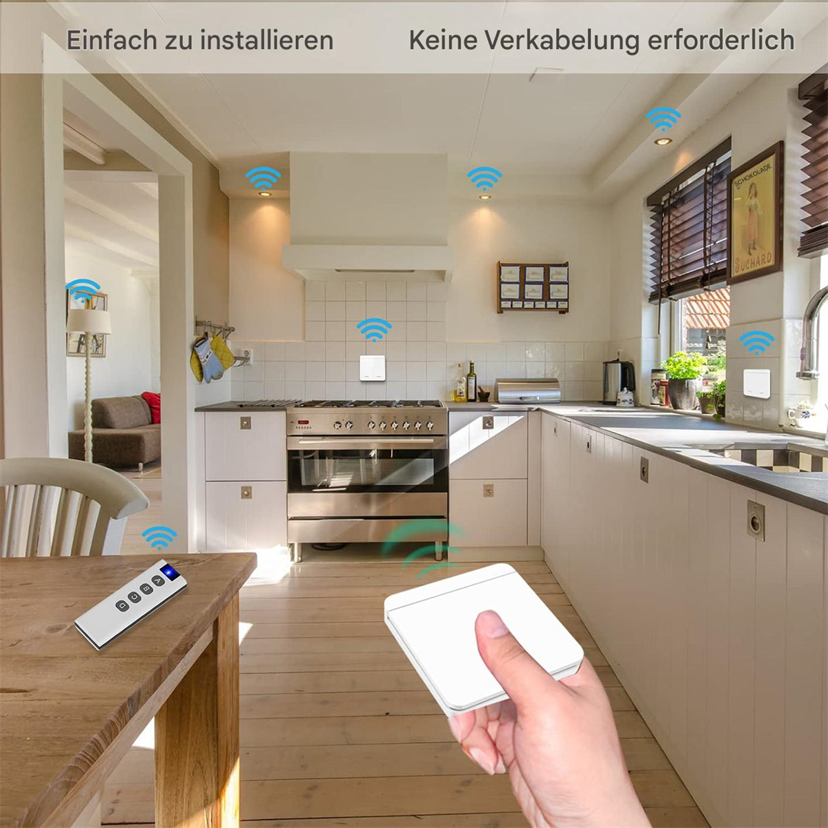 Zimmer mit Fernseher, farbigen Lichtern und Fernbedienung.
