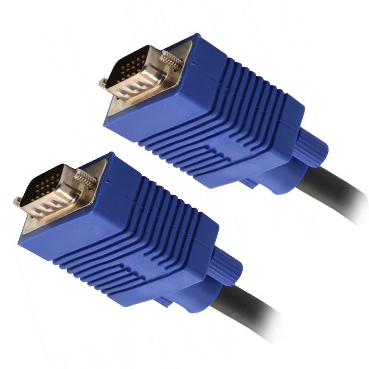 Dwa niebieskie kable VGA z metalowymi złączami na białym tle.