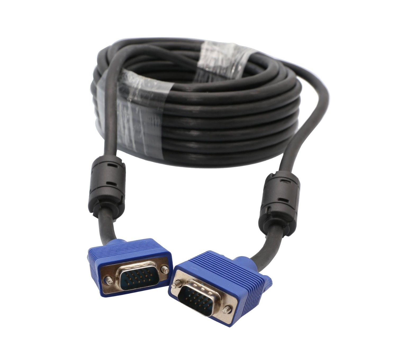 Czarny kabel VGA z niebieskimi złączami. Kabel jest zwinięty.