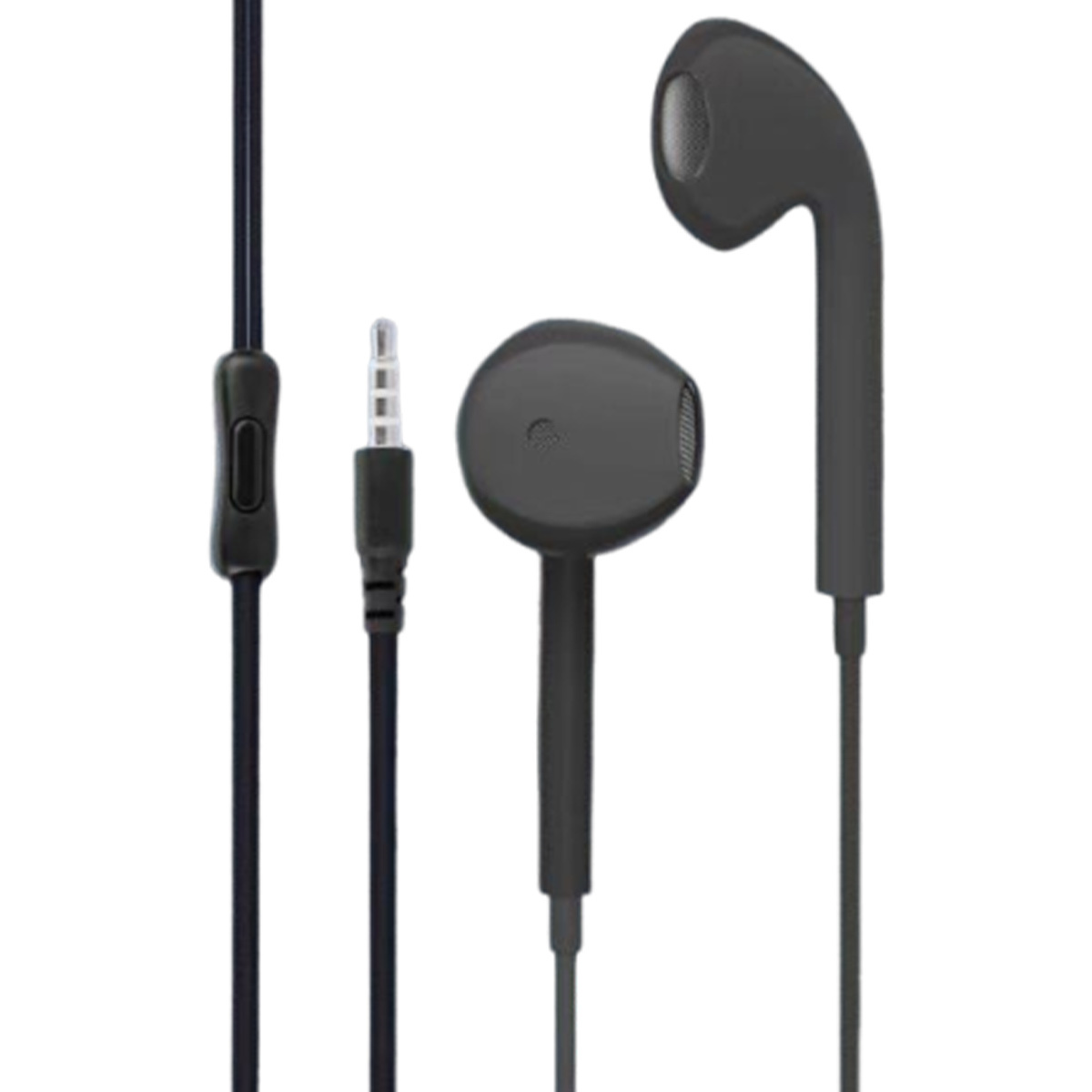 Schwarze In-Ear-Kopfhörer mit 3,5-mm-Klinke. Das Design hat eine Lautstärkeregelung und ein Mikrofon.