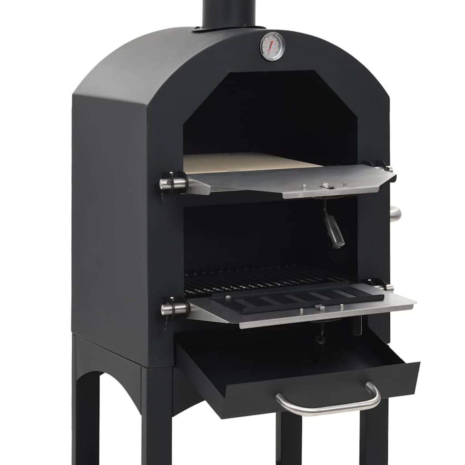 Schwarzer Pizzaofen im Freien mit offener Tür, Innenraum mit Pizzastein und Grill.