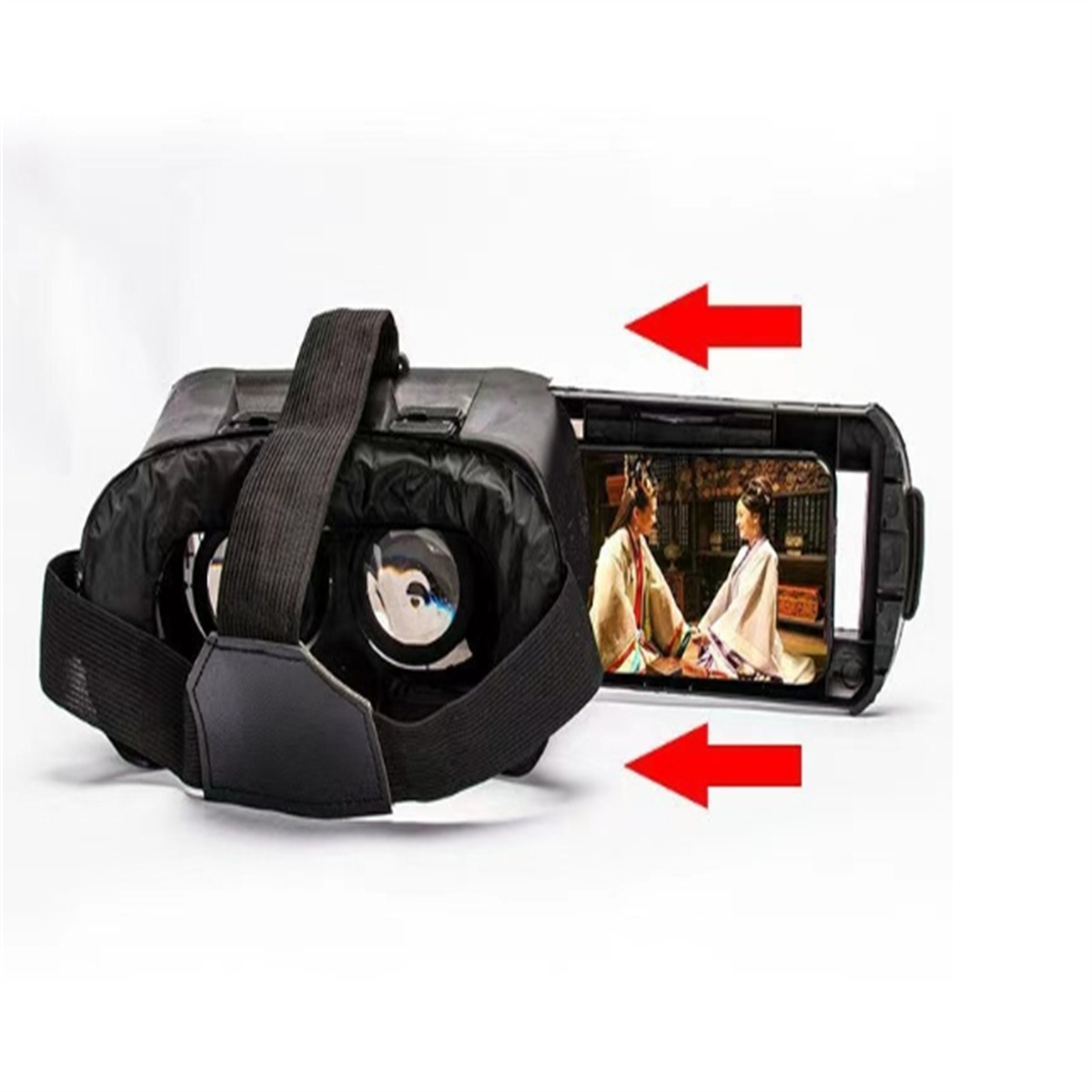 VR-Headset mit einem Telefon darin, das eine Szene von zwei Personen zeigt. Rote Pfeile zeigen die Telefonplatzierung an.