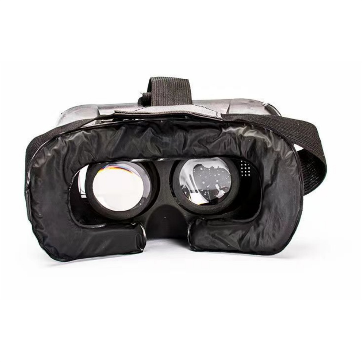 VR-Headset mit Linsen, schwarzer Polsterung und Riemen.