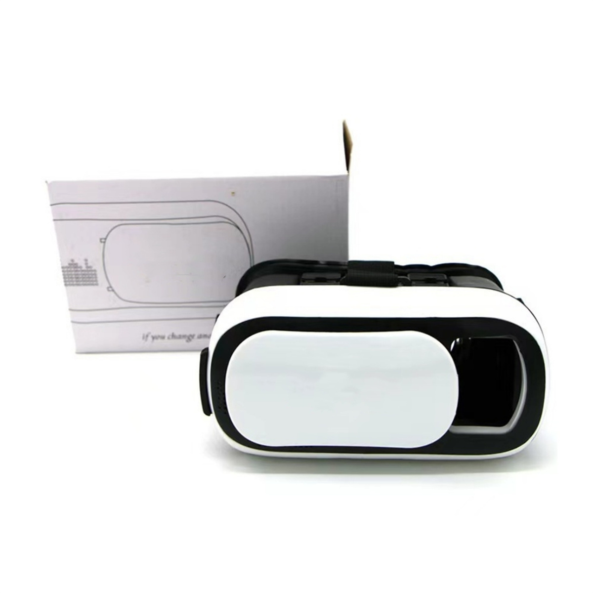 VR-Brille und eine weiße Box. Die Box hat eine Zeichnung darauf.