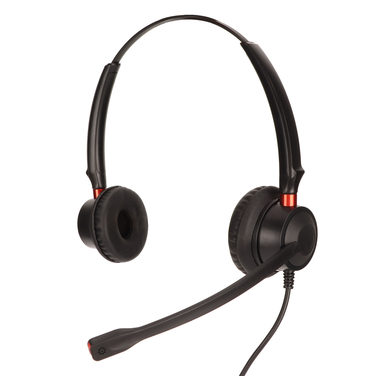 Schwarzes Over-Ear-Headset mit Mikrofon und roten Akzenten.