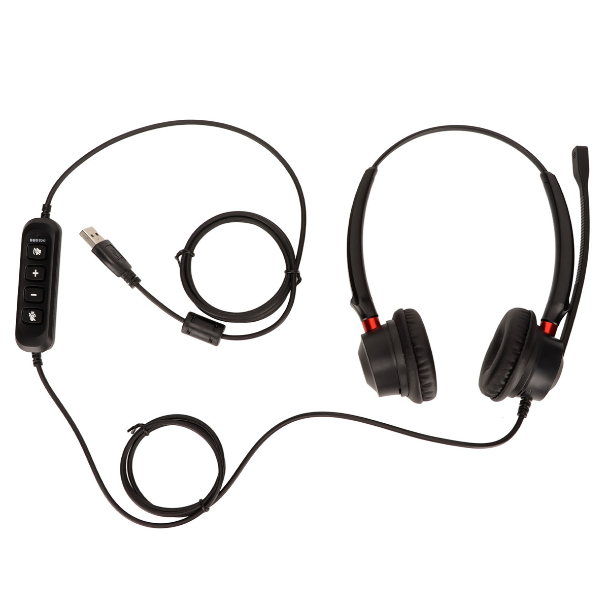 Schwarzes Headset mit Mikrofonarm und Lautstärkeregler, angeschlossen an ein USB-Kabel.