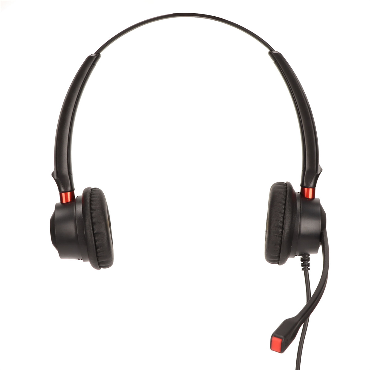 Schwarzes Headset mit roten Akzenten und Mikrofon auf weißem Hintergrund.