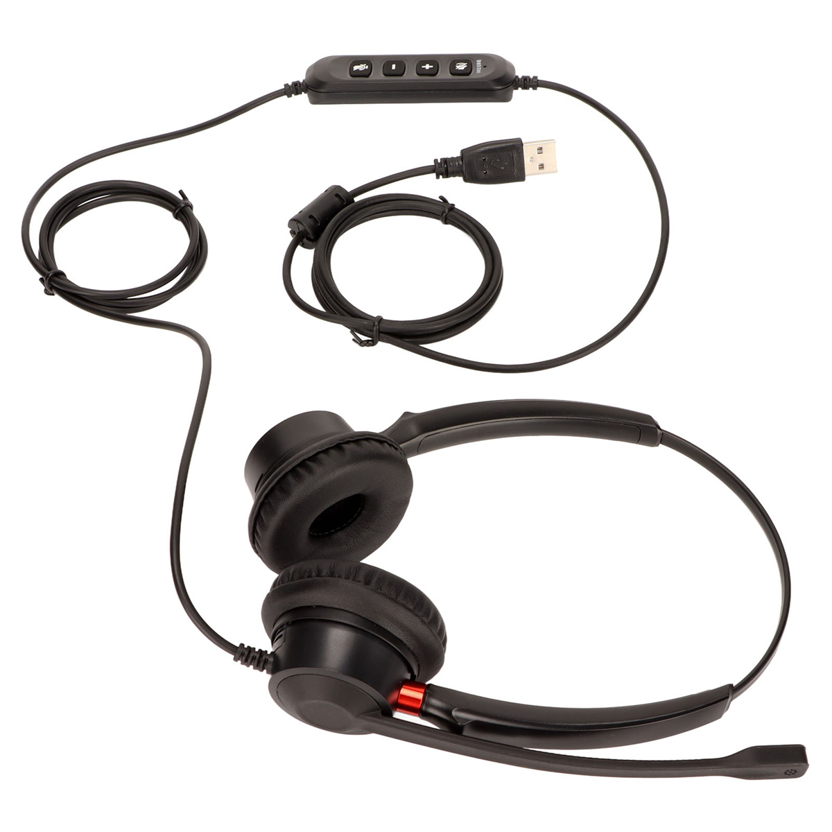 Schwarzes Headset mit USB-Kabel und Steuerung. Schwarze Ohrmuscheln und Mikrofon. Weißer Hintergrund.