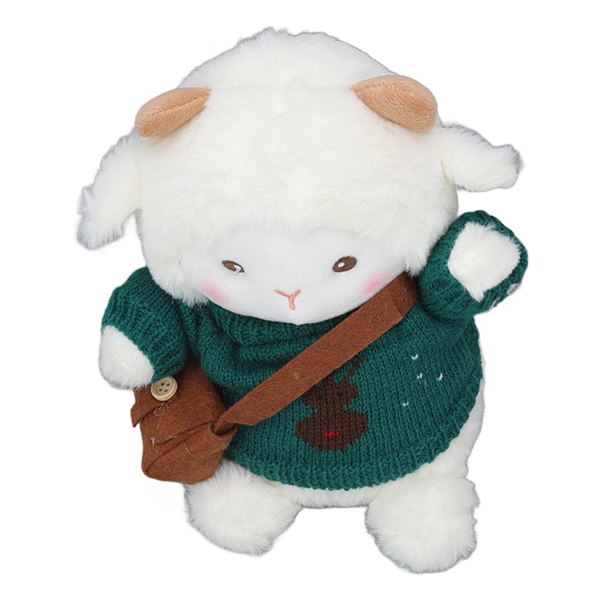 Ein Plüschschaf mit grünem Pullover und brauner Tasche. Fröhlicher Gesichtsausdruck.