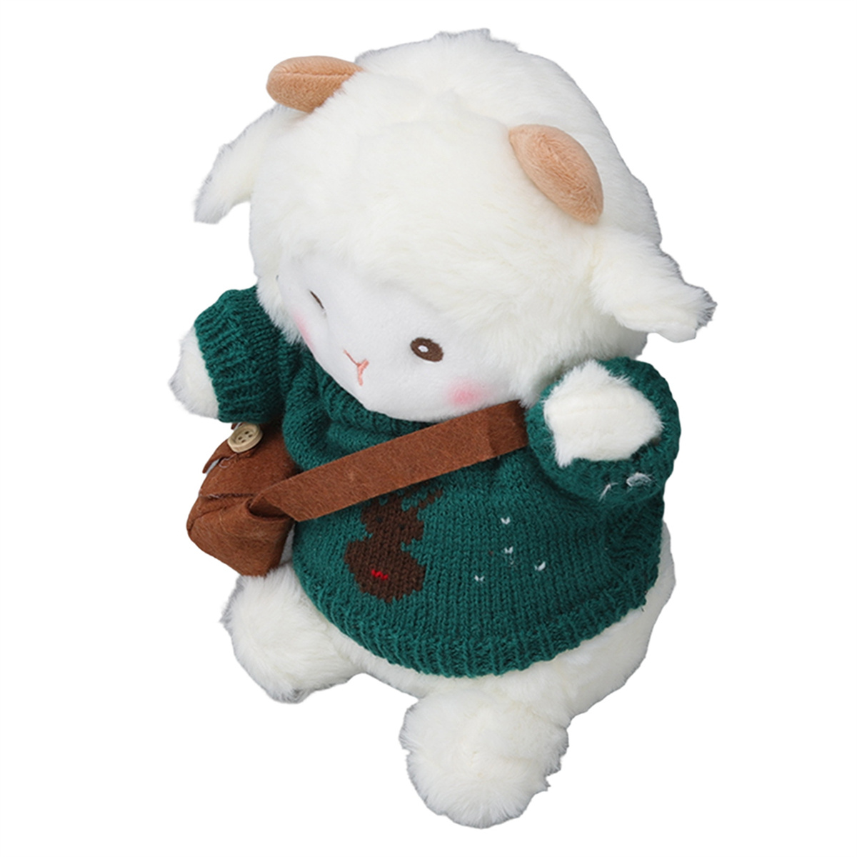 Plüschtier-Schaf mit grünem Pullover und Tasche. Schaf hat braune Ohren und ein lächelndes Gesicht.