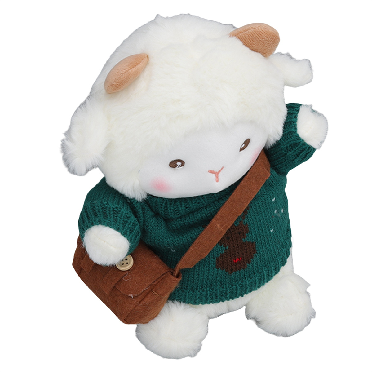 Ein weißes Lamm-Plüschtier mit grünem Pullover, trägt eine braune Tasche. Lächelndes Gesicht.
