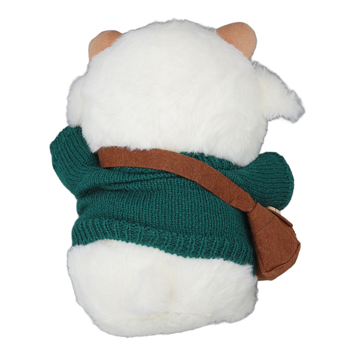 Weißer Plüschpanda mit grünem Pullover und brauner Tasche, von hinten auf weißem Grund betrachtet.