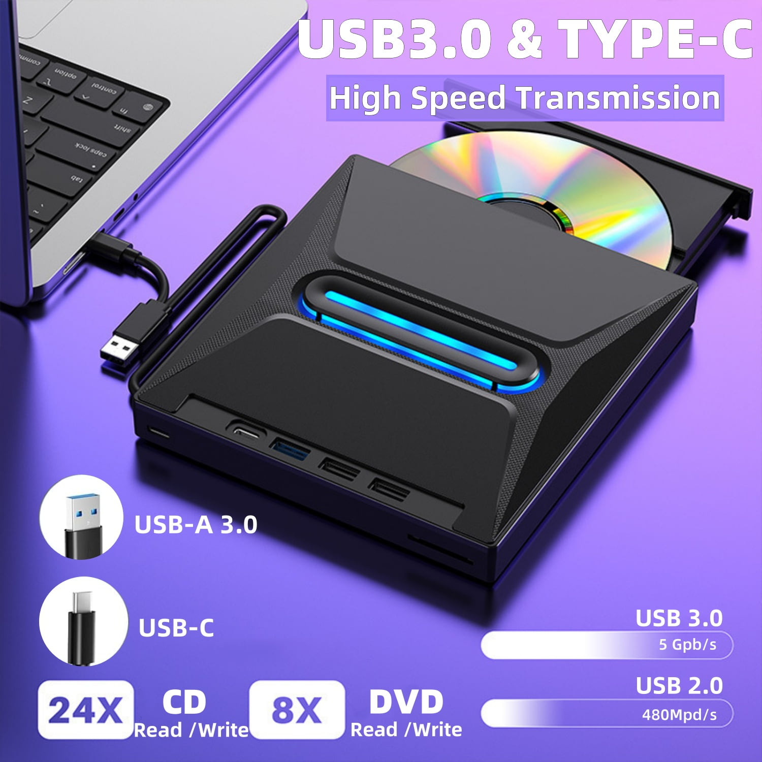 Schwarzer DVD-Player mit CD/DVD, USB-Anschlüssen und Laptop. Text: USB 3.0 & Typ-C, High Speed Transmission.