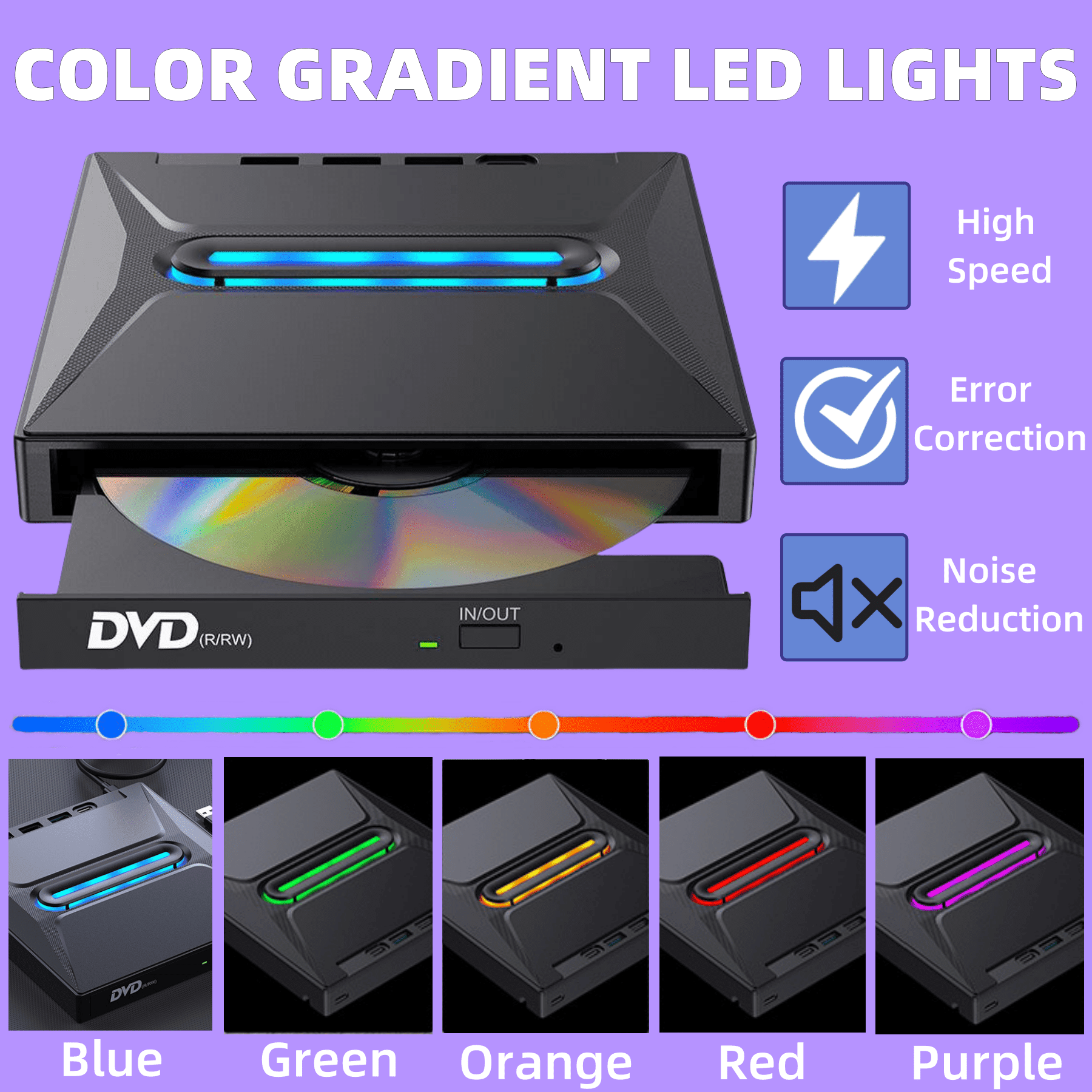 Ein DVD-Player mit einer Disc im Inneren. Blaue, grüne, orange, rote und violette Lichtoptionen werden unten gezeigt.